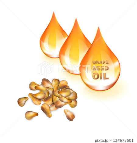 Grape oil drops and grape seeds on white background, cold press organic essential oil 124675601