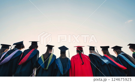 Group of graduating students in gowns and caps looking towards the future with hope and anticipation from behind Group of graduating students in gowns and caps looking towards the future with hope and anticipation from behind 124675925
