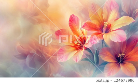 vivid, multicolored flowers blooming against a soft, ethereal pastel background 124675996