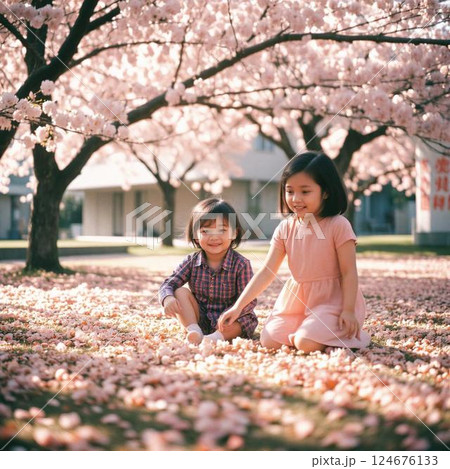 満開の桜の花びらで遊ぶ2人の子ども 124676133