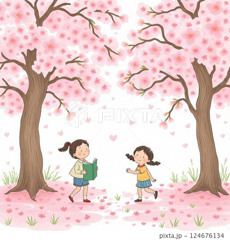 満開の桜の下を歩く2人の女の子のイラスト 124676134