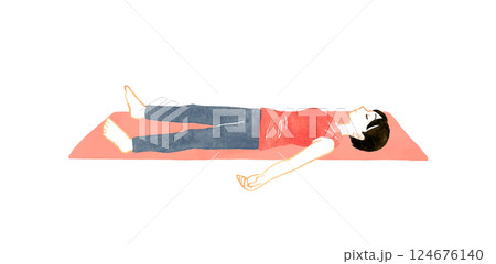 屍のポーズ（シャヴァーサナ）をする女性　ヨガ・ストレッチの手描き水彩イラスト素材 124676140