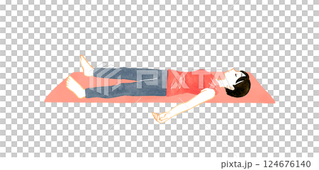 屍のポーズ（シャヴァーサナ）をする女性　ヨガ・ストレッチの手描き水彩イラスト素材 124676140