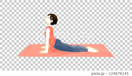 Woman doing Up Dog (Upward Facing Dog Pose) Yoga/Stretching Hand-drawn Watercolor Illustration Woman doing Up Dog (Upward Facing Dog Pose) Yoga/Stretching Hand-drawn Watercolor Illustration 124676145