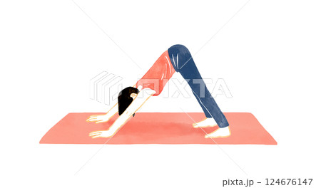 下向きの犬のポーズ（ダウンドッグ）をする女性　ヨガ・ストレッチの手描き水彩イラスト素材 124676147