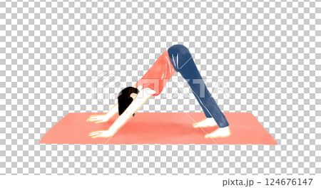 下向きの犬のポーズ（ダウンドッグ）をする女性　ヨガ・ストレッチの手描き水彩イラスト素材 124676147