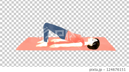 橋のポーズ（セツバンダーサナ）をする女性　ヨガ・ストレッチの手描き水彩イラスト素材 124676151