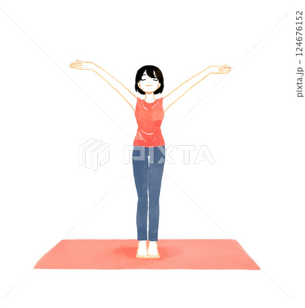 両手を広げて深呼吸をする女性　ヨガ・ストレッチの手描き水彩イラスト素材 124676152