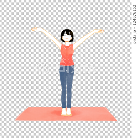 両手を広げて深呼吸をする女性　ヨガ・ストレッチの手描き水彩イラスト素材 124676152