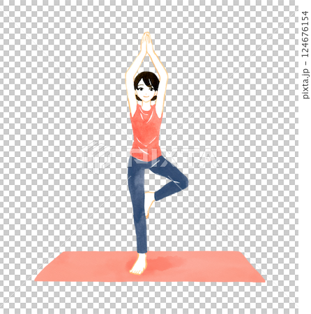 女人做站立樹式 (Vrksasana) 瑜珈伸展手繪水彩插畫 124676154