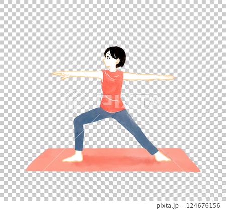 Woman doing warrior pose (hero pose) Yoga/stretching hand-drawn watercolor illustration Woman doing warrior pose (hero pose) Yoga/stretching hand-drawn watercolor illustration 124676156