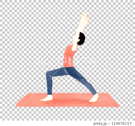 Woman doing warrior pose (hero pose) Yoga/stretching hand-drawn watercolor illustration 124676157