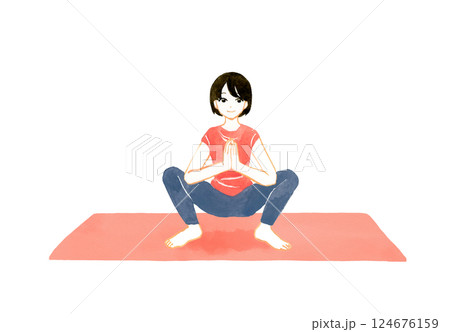 安産のポーズ（マラーサナ）をする女性　ヨガ・ストレッチの手描き水彩イラスト素材 124676159