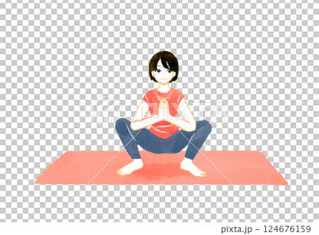 安産のポーズ（マラーサナ）をする女性　ヨガ・ストレッチの手描き水彩イラスト素材 124676159