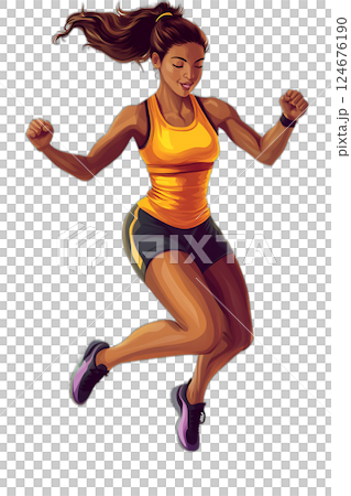 Animated fitness coach leading an aerobics class, enthusiastic, mid-jump, vibrant, floating midair, transparent PNG 124676190