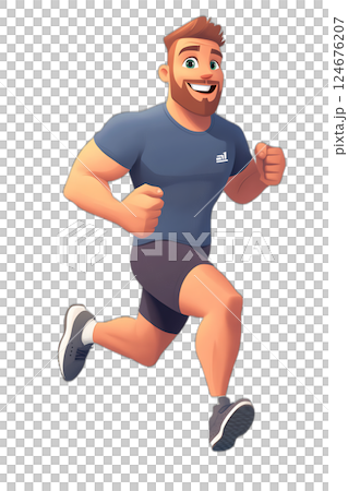 Cartoon athlete running, high-energy movement, fitness lifestyle, dynamic floating animation, transparent BG 124676207
