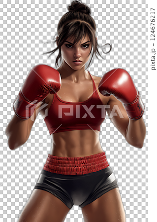 Female boxer in fighting stance, gloves up, strong physique, focused expression, floating character, transparent background 124676217