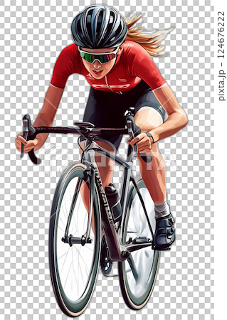 Animated female cyclist racing on a road bike, professional sports gear, aerodynamic pose, floating, transparent background 124676222