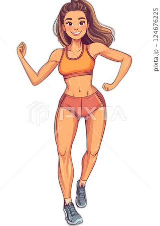 Cartoon fitness influencer posing for a social media post, stylish sportswear, confident smile, floating midair, transparent background 124676225