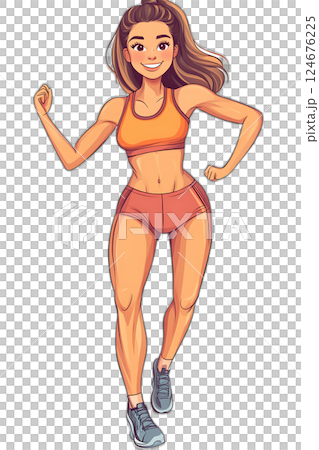 Cartoon fitness influencer posing for a social media post, stylish sportswear, confident smile, floating midair, transparent background 124676225