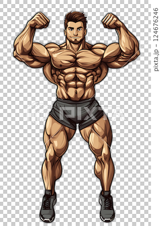 Cartoon male bodybuilder flexing biceps, muscular physique, confident pose, floating midair, transparent background 124676246