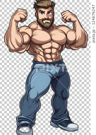Cartoon male bodybuilder flexing biceps, muscular physique, confident pose, floating midair, transparent background 124676247