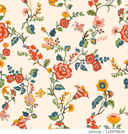 Seamless Millefleurs Floral Pattern with Small Hand-Drawn Flowers in Liberty Style. Vintage Spring Bouquet Design for Fashion Prints. Vertical floral wallpaper 124676636