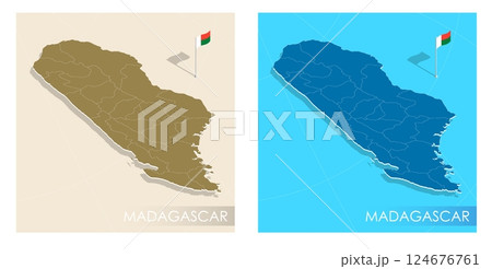 Madagascar country flag installed on geographic positioning map point of country territory. Madagascar commonwealth banner on land and sea. Festive patriotic HD format template for independence day 124676761