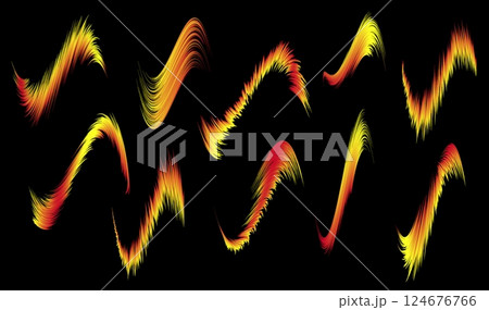 Set of volcano neon glowing brush strokes. Decorative elements for designing music and advertising banners and posters. Gradient vector isolated on black background Set of volcano neon glowing brush strokes. Decorative elements for designing music and advertising banners and posters. Gradient vector isolated on black background 124676766
