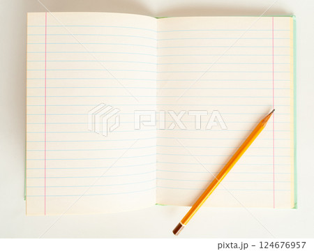 Copybook Mockup, Notebook on Office Desk with Copy Space for Text, Moleskin Template 124676957