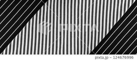 Diagonal Striped Cotton Fabric Background, Black and White Textile Pattern 124676996