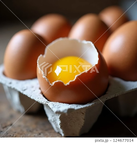 Fresh brown chicken eggs in a carton with one cracked open showing the bright yolk, natural soft lighting and rustic wooden background. 124677014