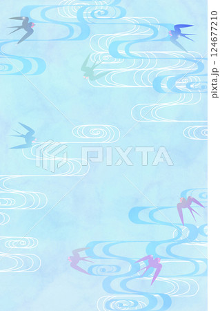 涼しげな水色の流水文様にきらめいて飛び交うツバメの縦長背景 涼しげな水色の流水文様にきらめいて飛び交うツバメの縦長背景 124677210