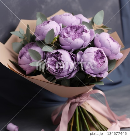 delicate bouquet of purple peonies in a craft eco package 124677446