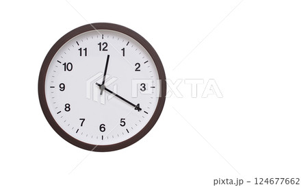 A simple round wall clock with a dark brown frame and a white face displaying 00:20/12:20. Isolated on a white background, perfect for time-related concepts, deadlines, and schedule themes. 124677662