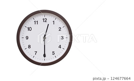 A simple round wall clock with a dark brown frame and a white face displaying 00:30/12:30. Isolated on a white background, perfect for time-related concepts, deadlines, and schedule themes. A simple round wall clock with a dark brown frame and a white face displaying 00:30/12:30. Isolated on a white background, perfect for time-related concepts, deadlines, and schedule themes. 124677664