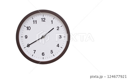 A simple round wall clock with a dark brown frame and a white face displaying 01:40/13:40. Isolated on a white background, perfect for time-related concepts, deadlines, and schedule themes. 124677921