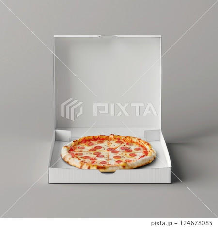 Pizza in a cardboard white box isolated on a grey background. Delicious, juicy, flavorful food. Quick snack. Bad fast food 124678085