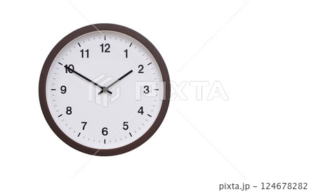 A simple round wall clock with a dark brown frame and a white face displaying 01:50/13:50. Isolated on a white background, perfect for time-related concepts, deadlines, and schedule themes. A simple round wall clock with a dark brown frame and a white face displaying 01:50/13:50. Isolated on a white background, perfect for time-related concepts, deadlines, and schedule themes. 124678282