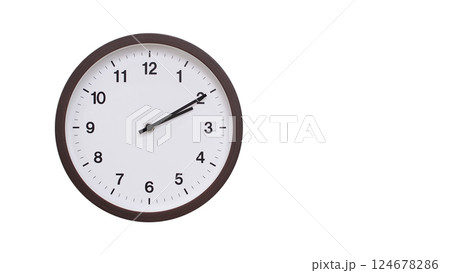 A simple round wall clock with a dark brown frame and a white face displaying 02:10/14:10. Isolated on a white background, perfect for time-related concepts, deadlines, and schedule themes. A simple round wall clock with a dark brown frame and a white face displaying 02:10/14:10. Isolated on a white background, perfect for time-related concepts, deadlines, and schedule themes. 124678286