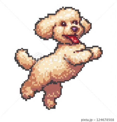 Funny playful poodle jumping on a white background. pixel art, graphics 124678508