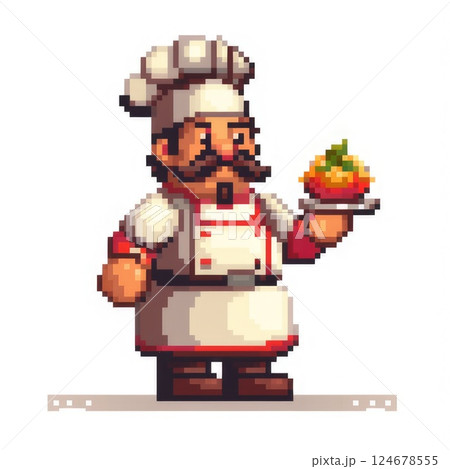 Chef with a dish in his hands isolated on white background. Cook pixel game style illustration. pixel art design. funny 8 bit people character icon. 124678555