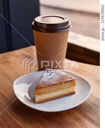 Paper cup of coffee and cake on wooden table Paper cup of coffee and cake on wooden table 124678602