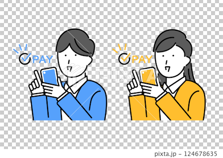 Illustration of a young man and woman making a payment with a smartphone Illustration of a young man and woman making a payment with a smartphone 124678635