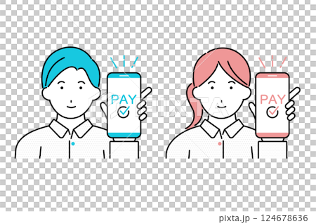 插圖：一位年輕男士和一位女士在智慧型手機上展示付款完成螢幕 124678636