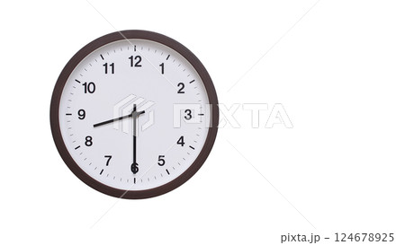 A simple round wall clock with a dark brown frame and a white face displaying 08:30/20:30. Isolated on a white background, perfect for time-related concepts, deadlines, and schedule themes. 124678925
