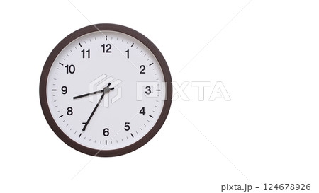A simple round wall clock with a dark brown frame and a white face displaying 08:35/20:35. Isolated on a white background, perfect for time-related concepts, deadlines, and schedule themes. A simple round wall clock with a dark brown frame and a white face displaying 08:35/20:35. Isolated on a white background, perfect for time-related concepts, deadlines, and schedule themes. 124678926