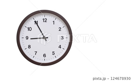 A simple round wall clock with a dark brown frame and a white face displaying 08:55/20:55. Isolated on a white background, perfect for time-related concepts, deadlines, and schedule themes. 124678930