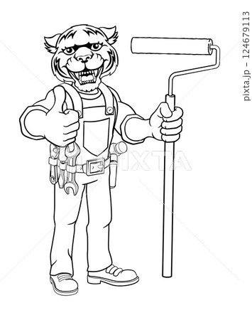Rhino Painter Decorator Paint Roller Mascot Man 124679113