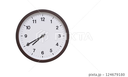 A simple round wall clock with a dark brown frame and a white face displaying 07:40/19:40. Isolated on a white background, perfect for time-related concepts, deadlines, and schedule themes. A simple round wall clock with a dark brown frame and a white face displaying 07:40/19:40. Isolated on a white background, perfect for time-related concepts, deadlines, and schedule themes. 124679180